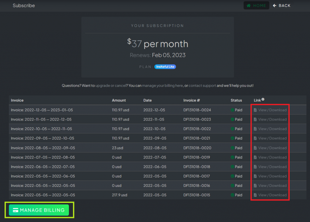 Download invoices from Insiteful