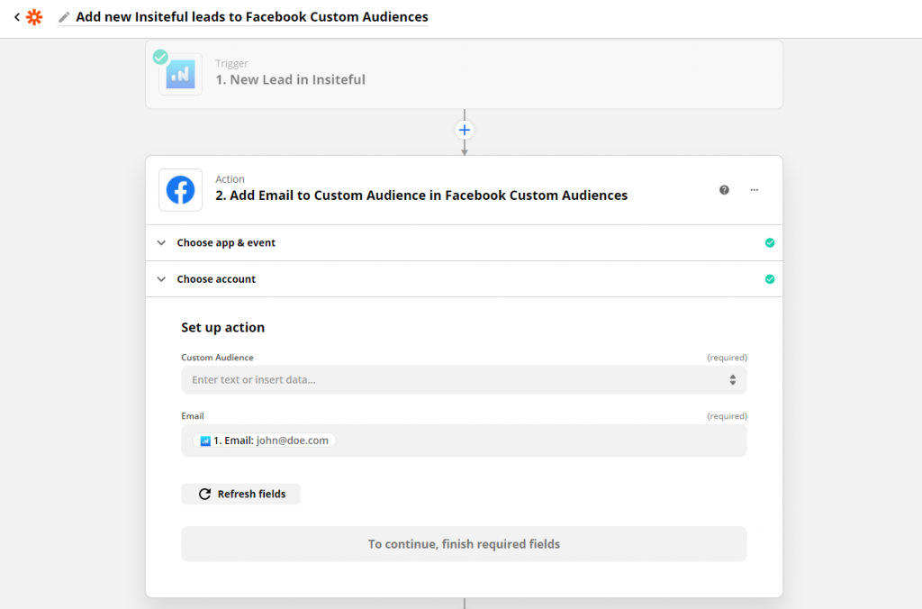 Automate remarketing via Facebook to recover leads from partial entries & abandoned forms with Insiteful + Zapier