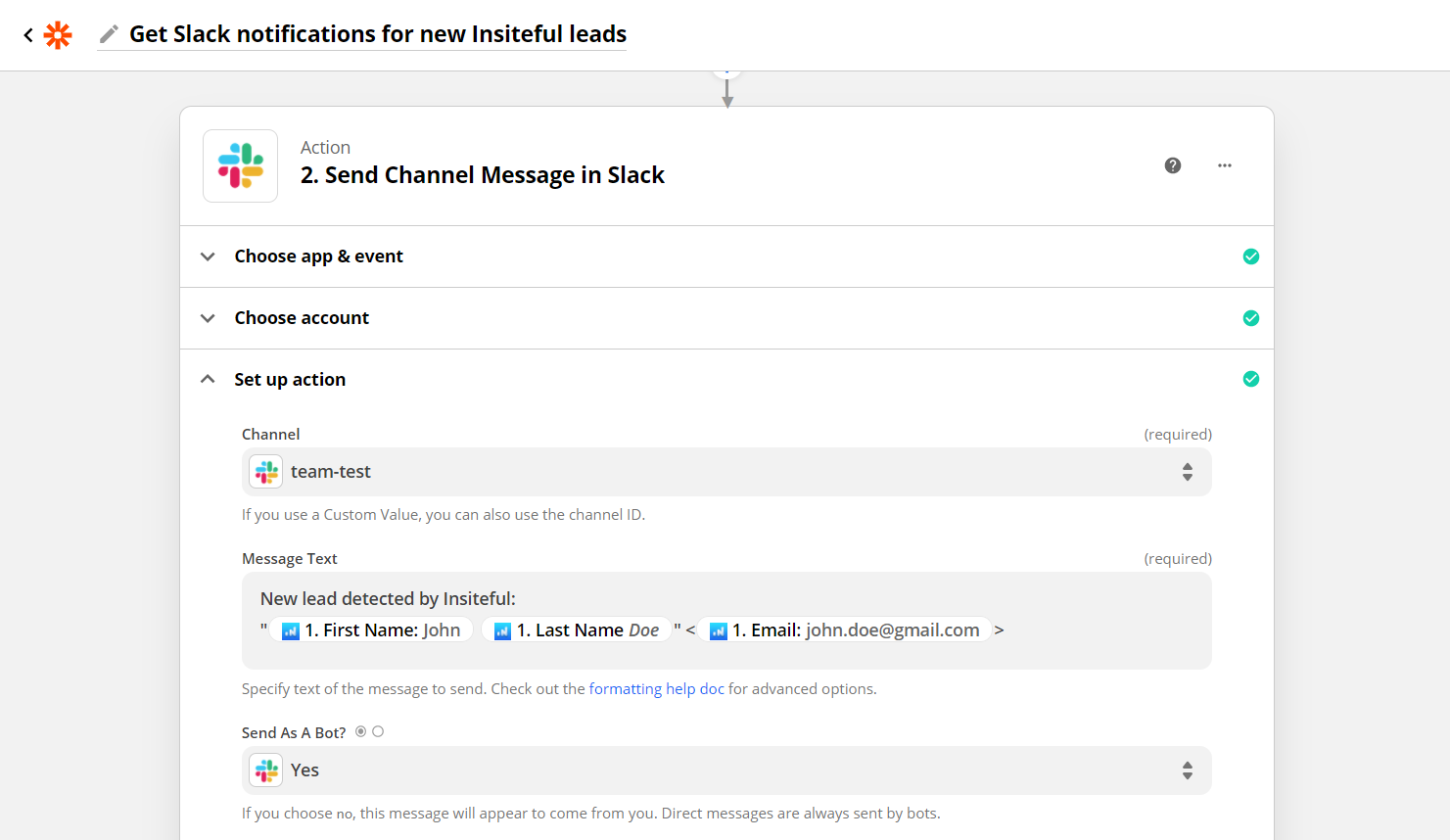 Configure Slack Message for Partial Entries & Leads from Forms via Insiteful + Zapier